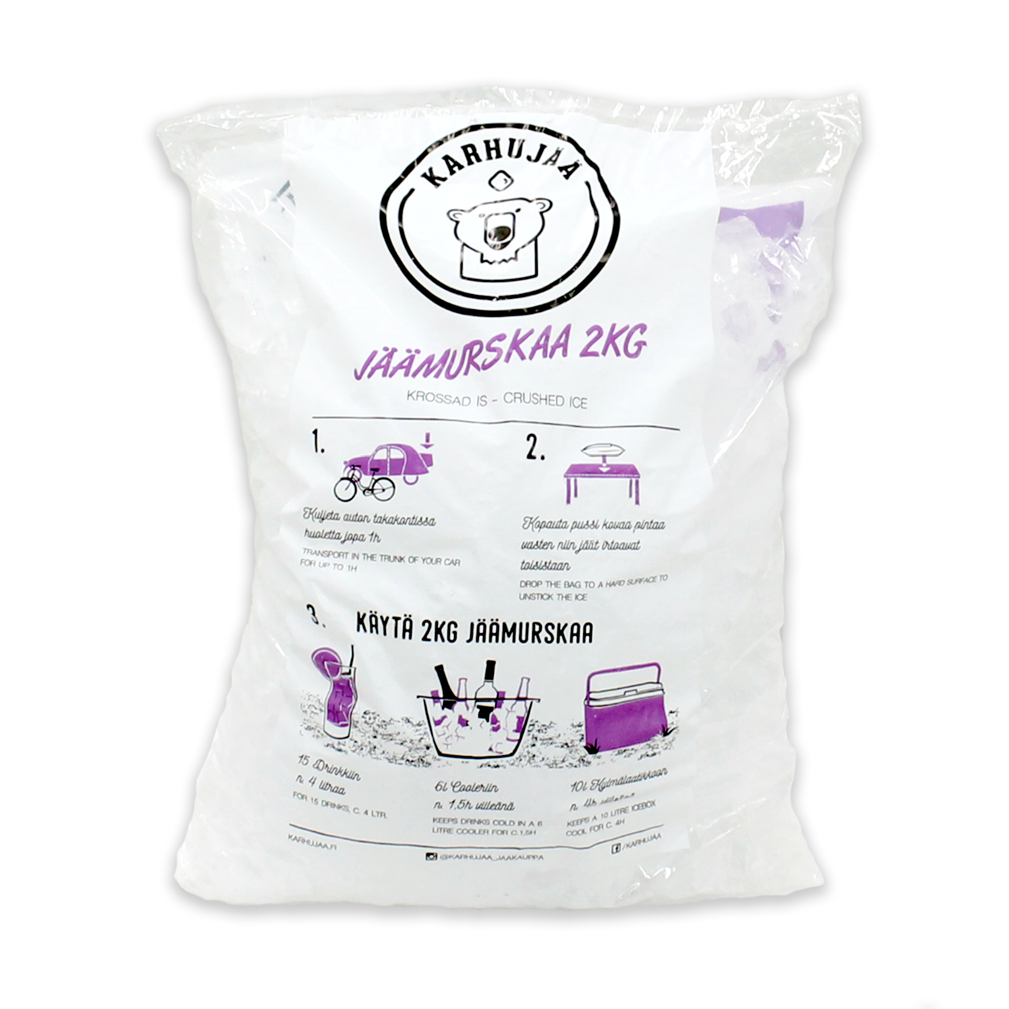 Karhujää kristallinkirkas pakaste jäämurska 2 kg pussissa