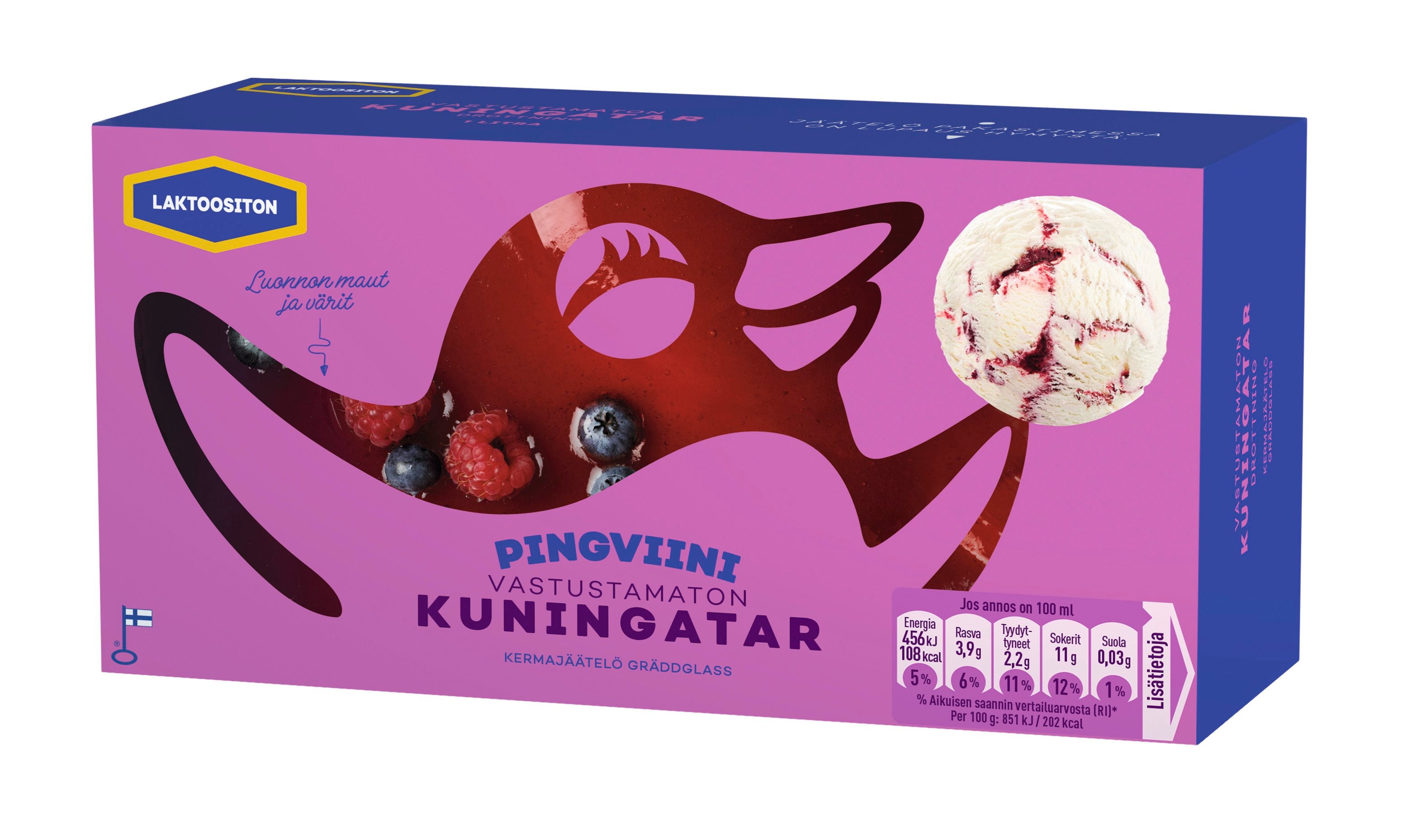 Pingviini Kuningatar Laktoositon kermajäätelö kotipakkaus 1L/536g