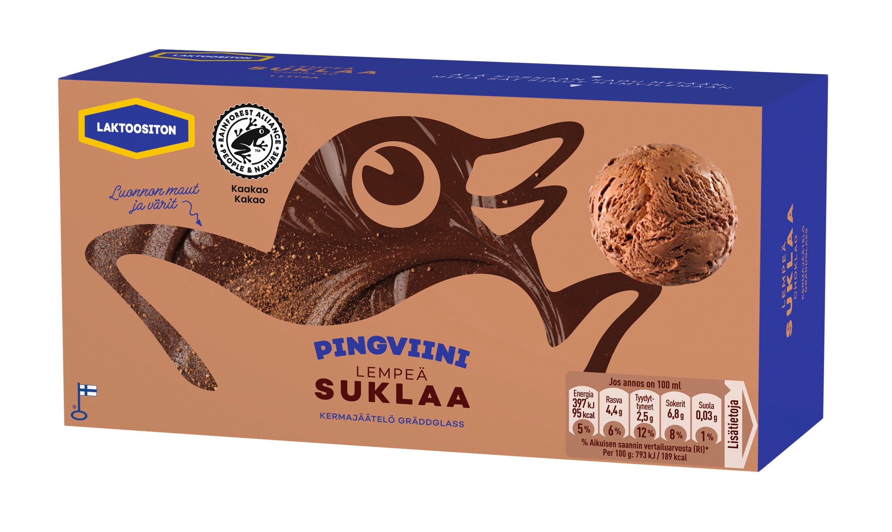 Pingviini Suklaa Laktoositon kermajäätelö kotipakkaus 1L/500g