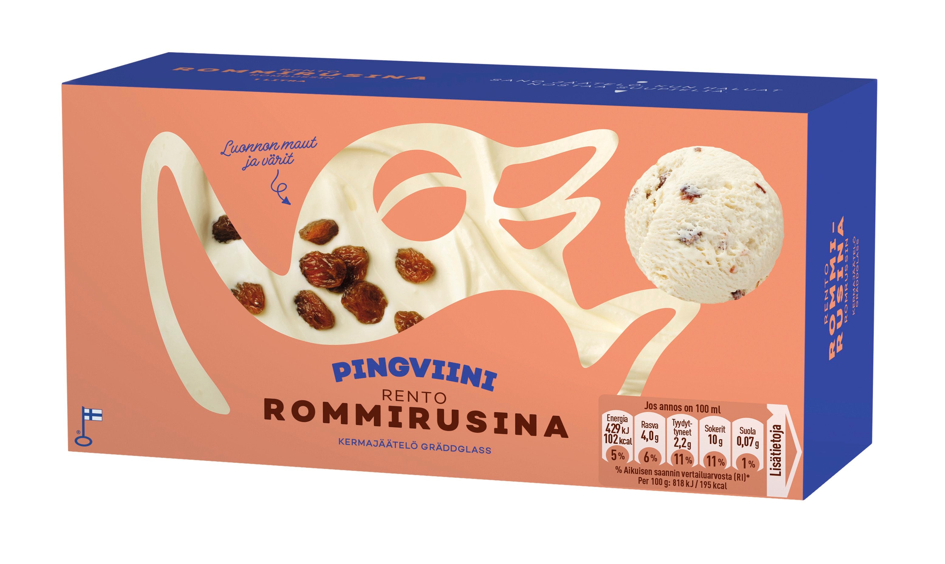 Pingviini Rommirusina kermajäätelö kotipakkaus 1L/524g