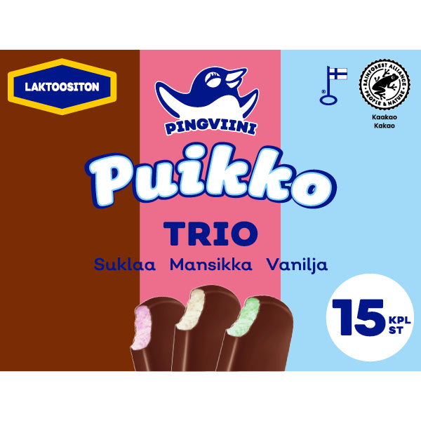 Pingviini Puikko laktoositon kermajäätelöpuikkolajitelma monipakkaus Trio 15x32g