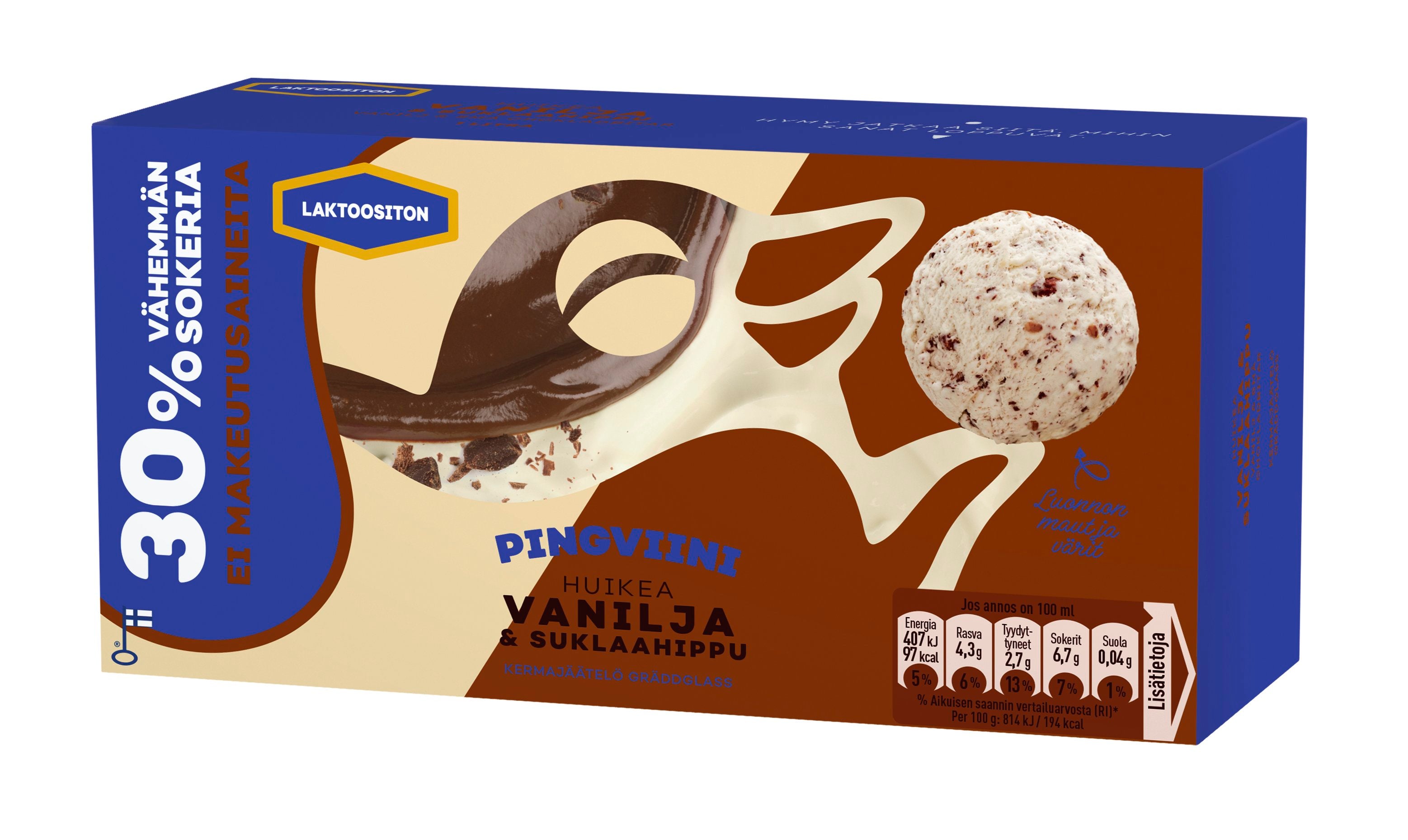 Pingviini Vanilja & Suklaahippu Vähemmän sokeria Laktoositon kermajäätelö kotipakkaus  500g/1L