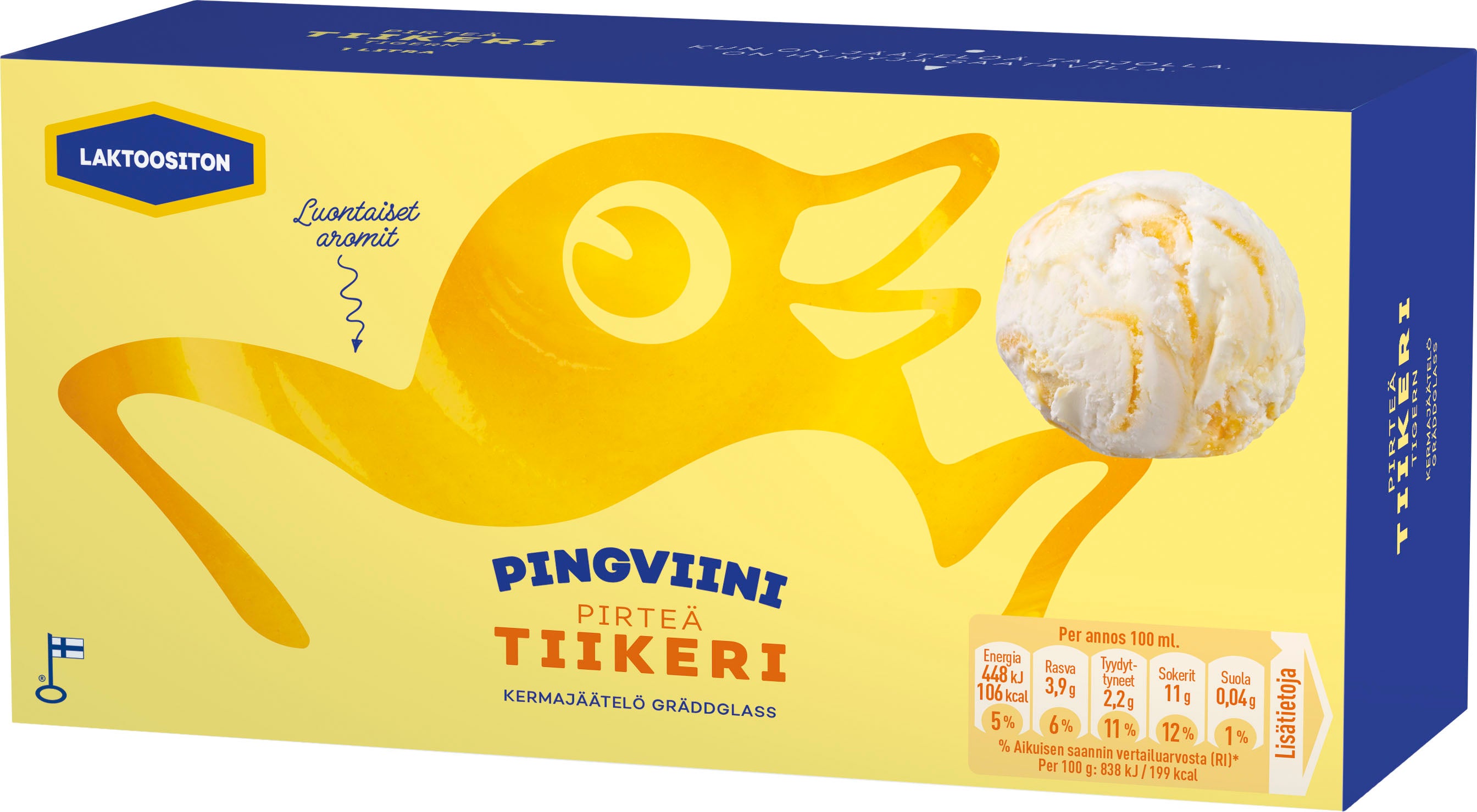 Pingviini Tiikeri laktoositon kermajäätelö kotipakkaus 1L/535g