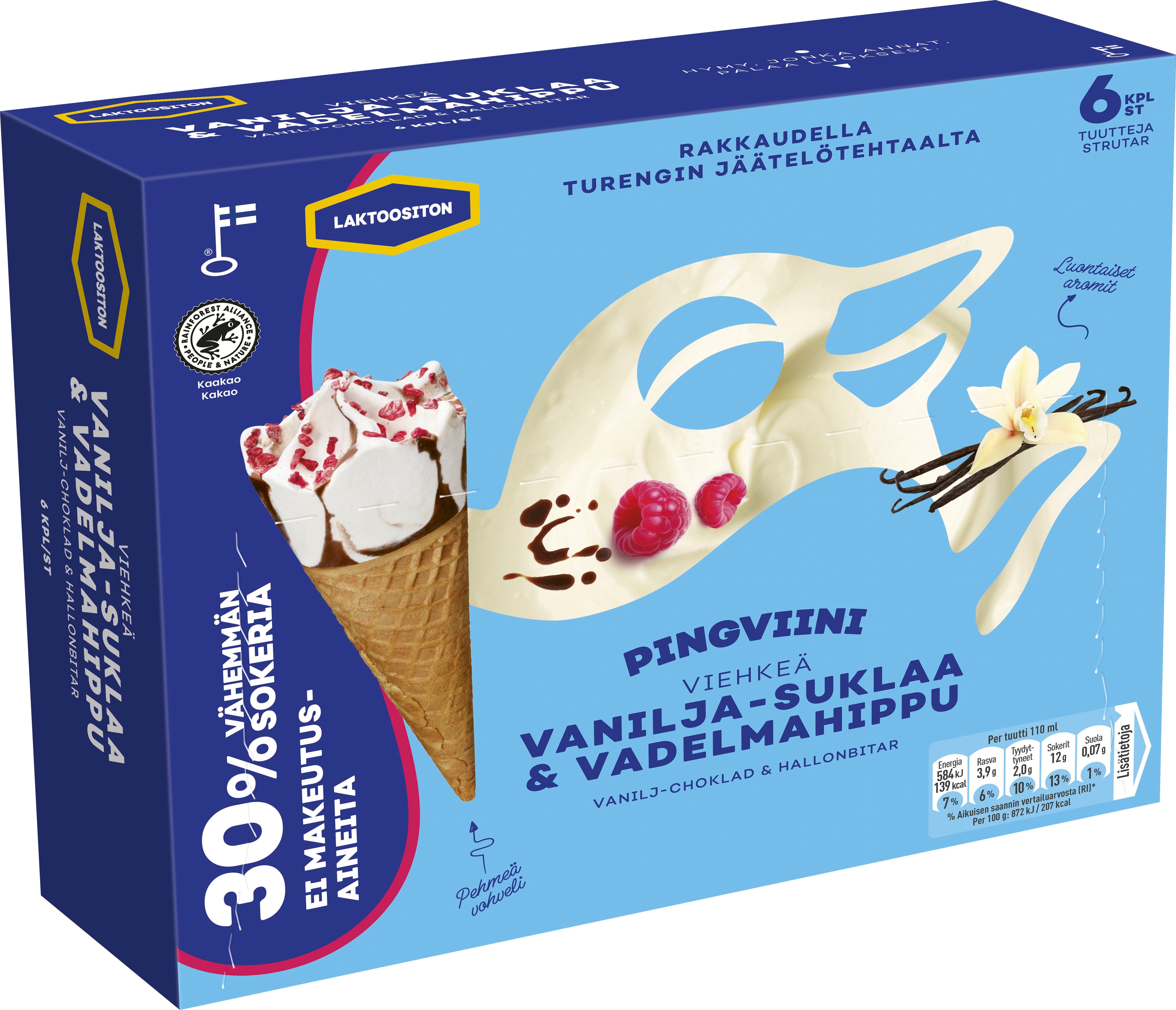 Pingviini Vanilja-Suklaa & Vadelmahippu Vähemmän sokeria, Laktoositon monipakkaus 6x67g