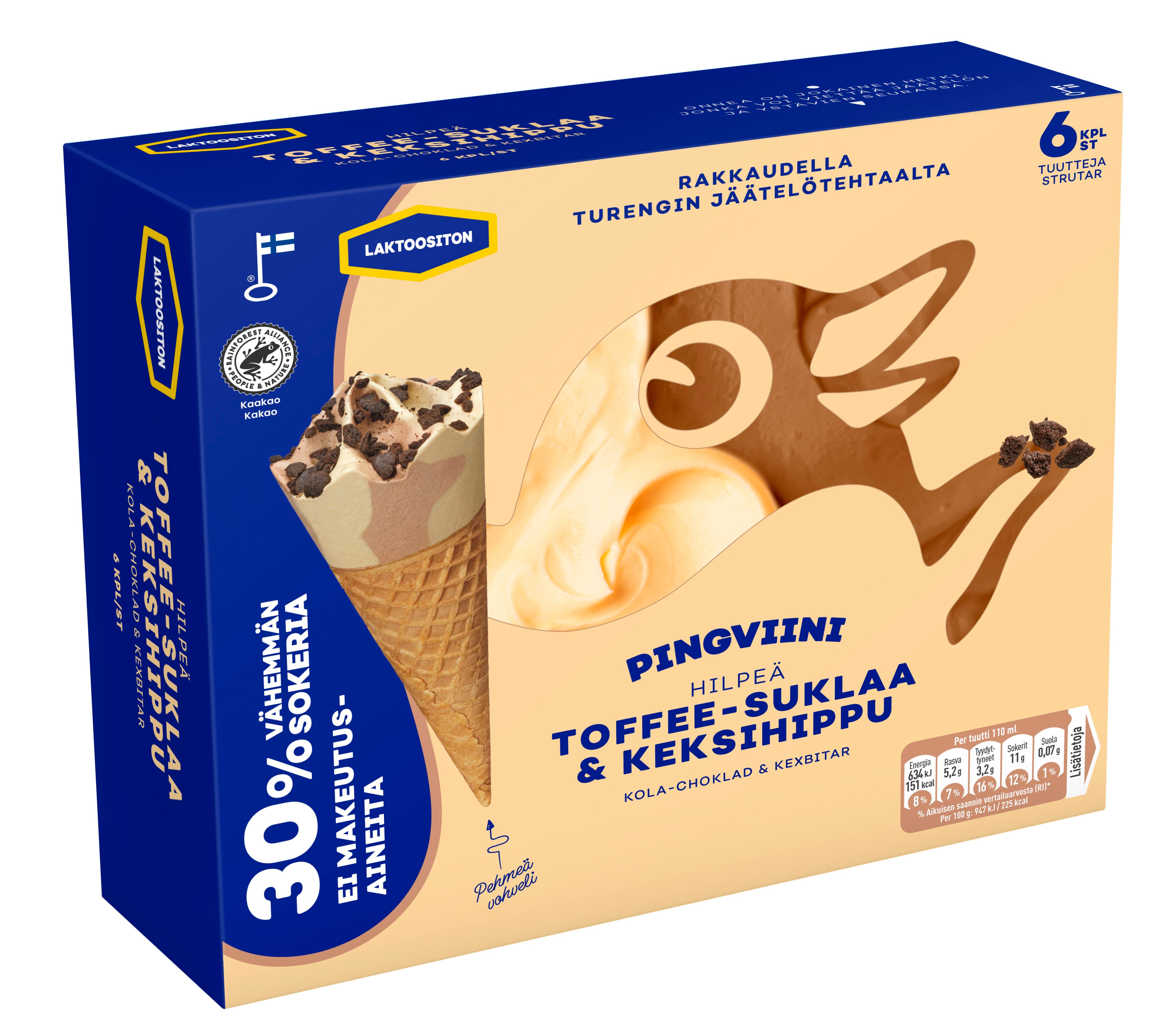 Pingviini Toffee-Suklaa & keksihippu Vähemmän sokeria, Laktoositon monipakkaus 6x67g