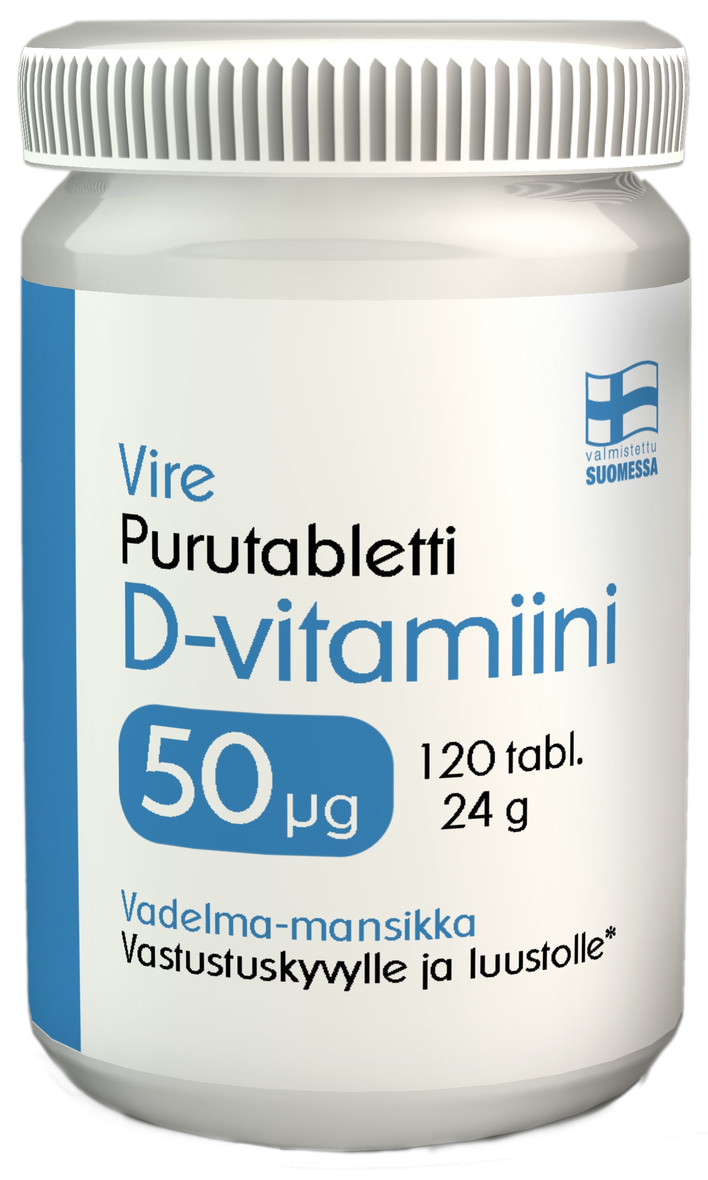 Vire D3-vitamiinivalmiste vadelman ja mansikan makuinen purutabletti 120 tablettia / 24 g