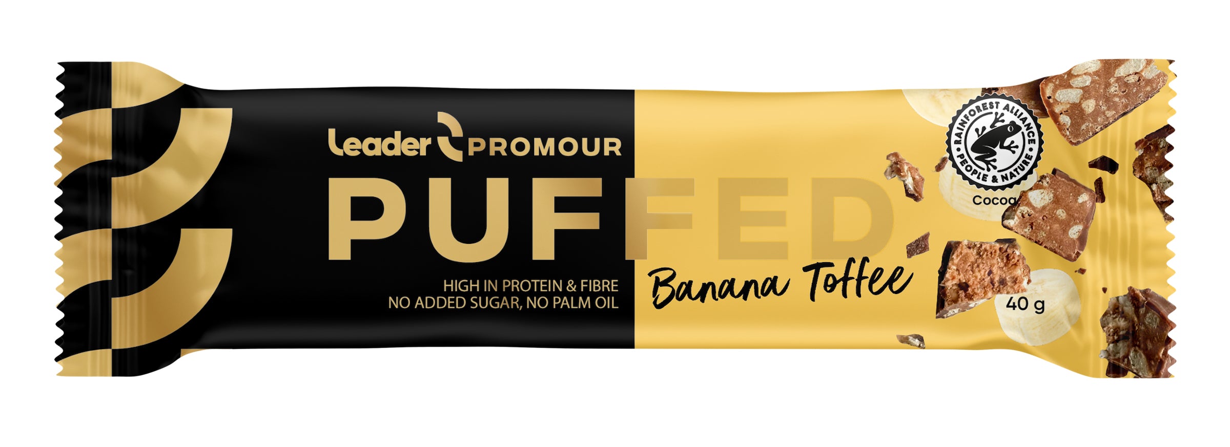Leader Promour Puffed Banana-Toffee banaanin- ja toffeenmakuinen riisisuklaaproteiinipatukka 40 g