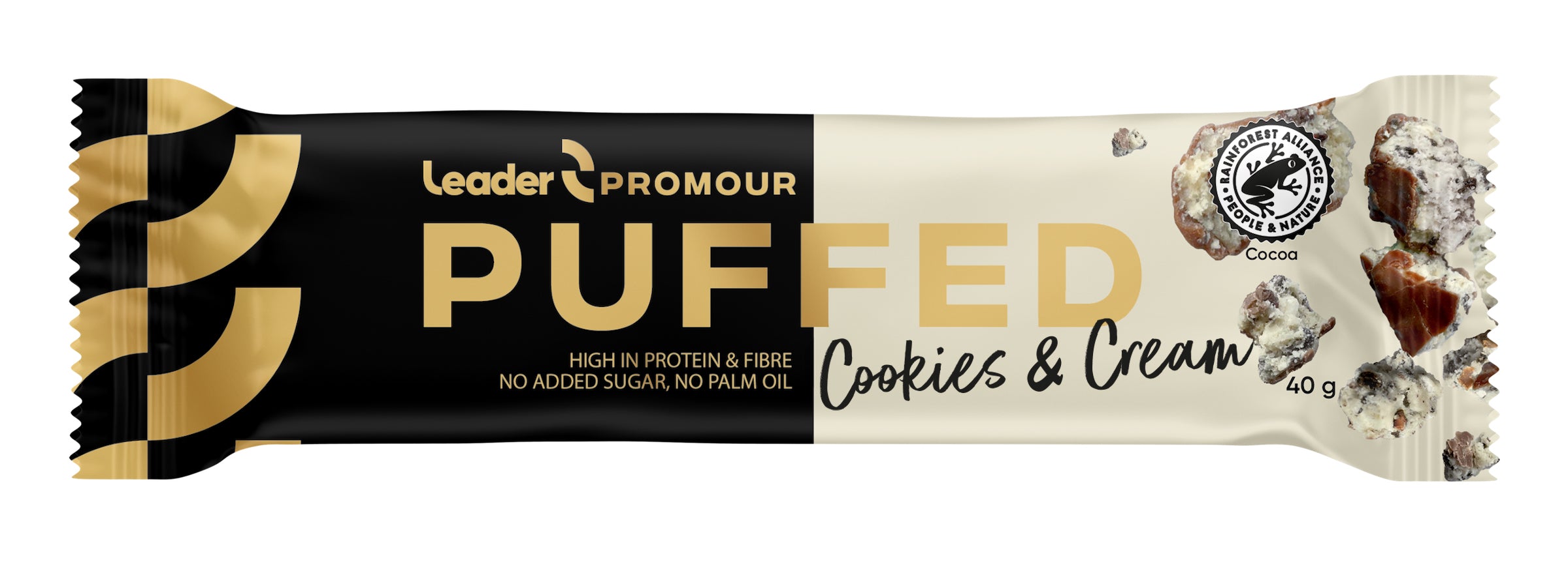 Leader Promour Puffed Cookies & Cream keksin- ja kermanmakuinen riisisuklaaproteiinipatukka 40 g