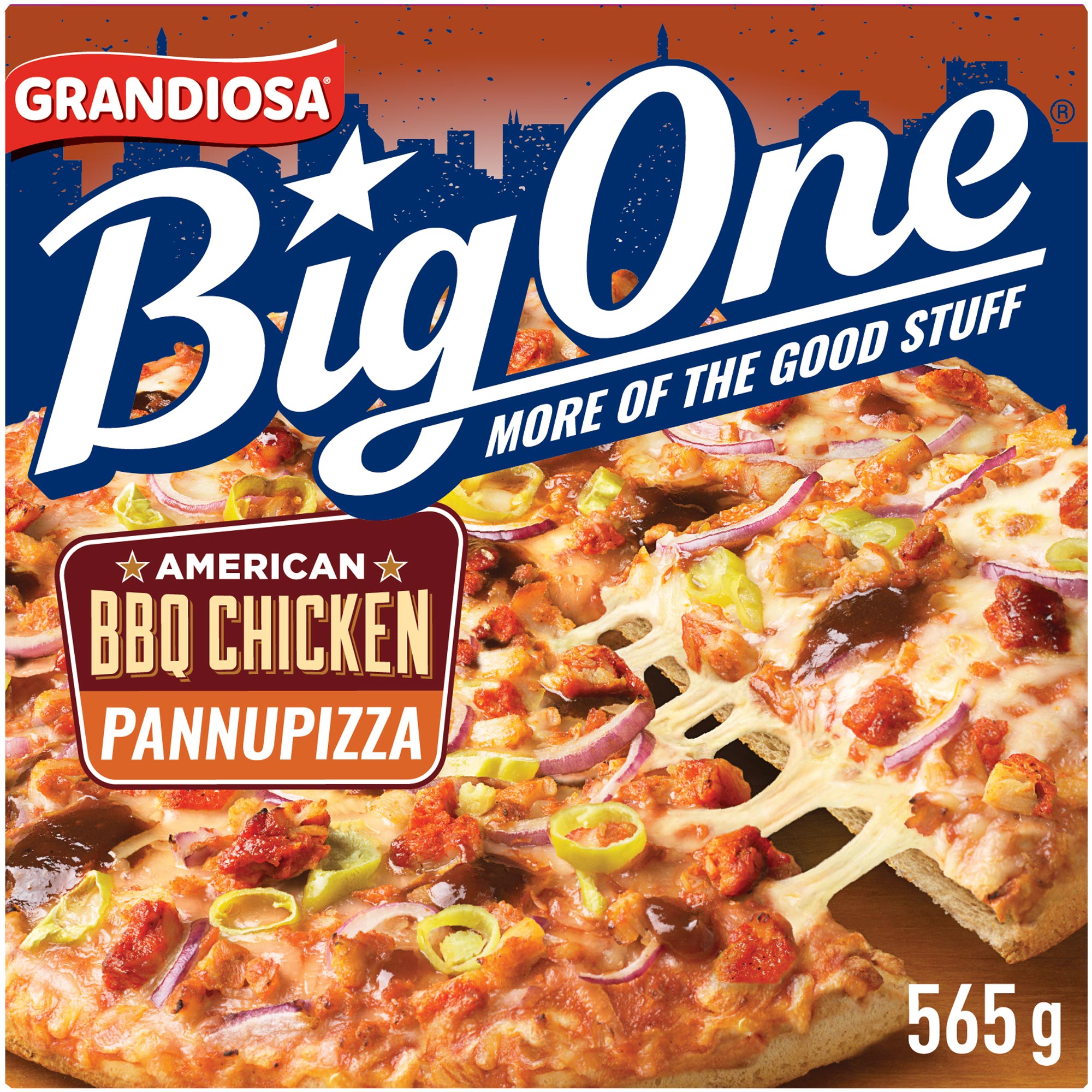 Grandiosa BigOne pan pizza BBQ chicken, kanaa, barbequekastiketta, punasipulia pakaste 565g
