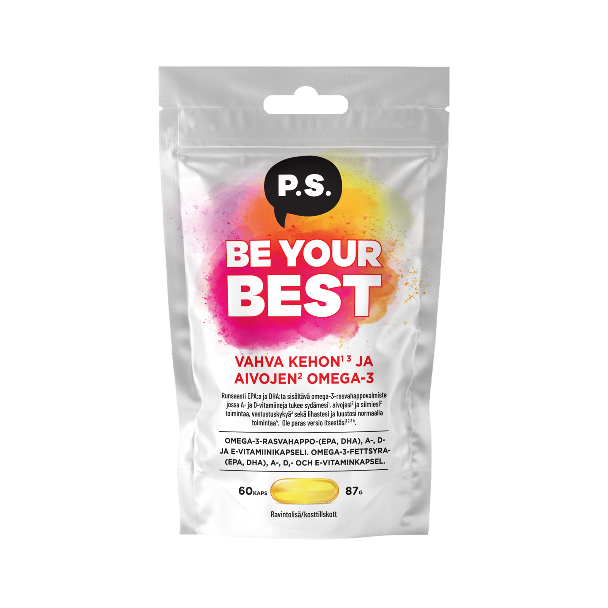 P.S. Be Your Best Omega-3-rasvahappo (EPA, DHA), A-, D-, ja E-vitamiinikapseli ravintolisä keholle ja aivoille 60kaps/87g