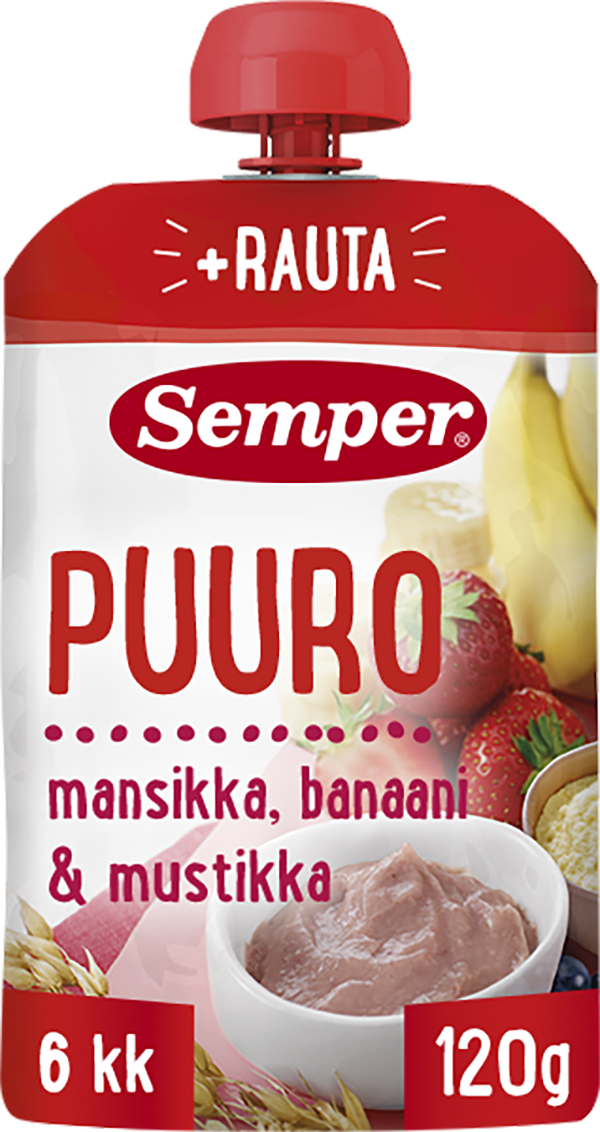 Semper Puuro Mansikka banaani & mustikka 6kk käyttövalmis lastenpuuro 120g