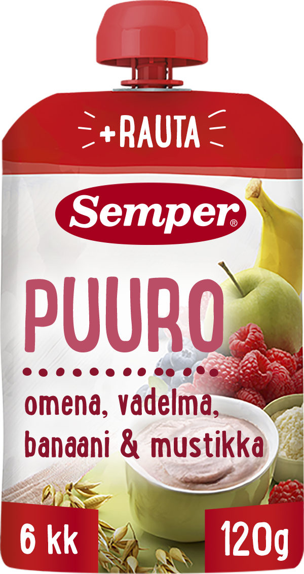 Semper Puuro Omena vadelma banaani & mustikka 6kk käyttövalmis lastenpuuro 120g
