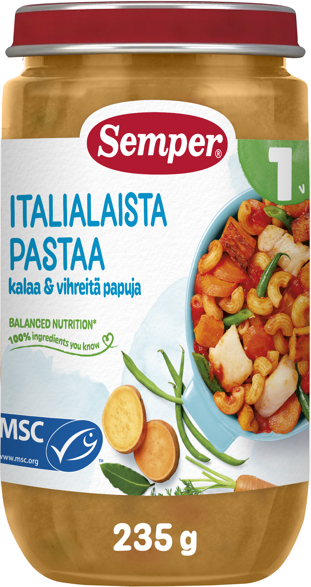 Semper Italialaista pastaa, kalaa & vihreitä papuja 1v lastenateria 235g
