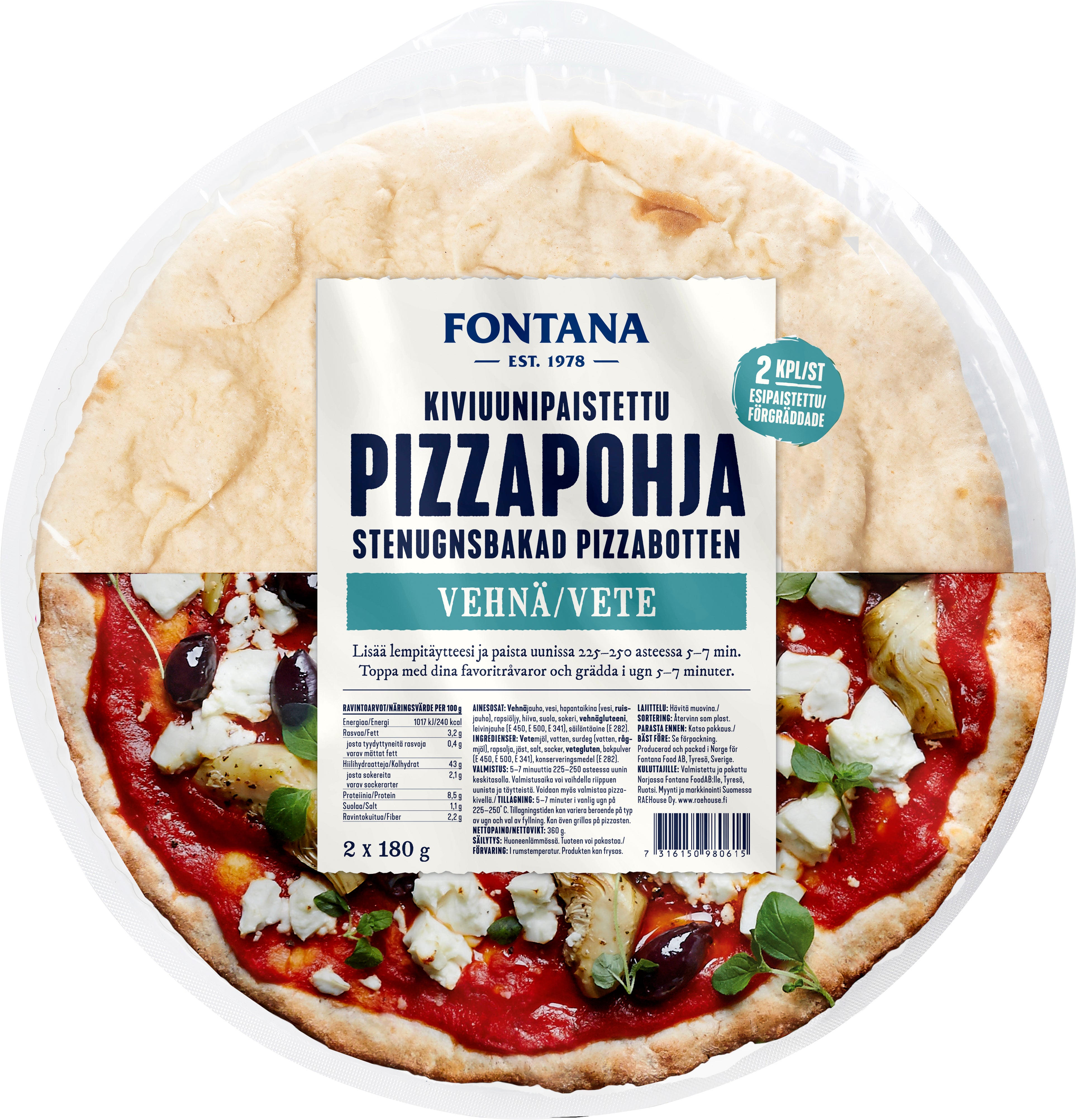 Fontana Kiviuunipaistettu Pizzapohja Vehnä 2 x 180g