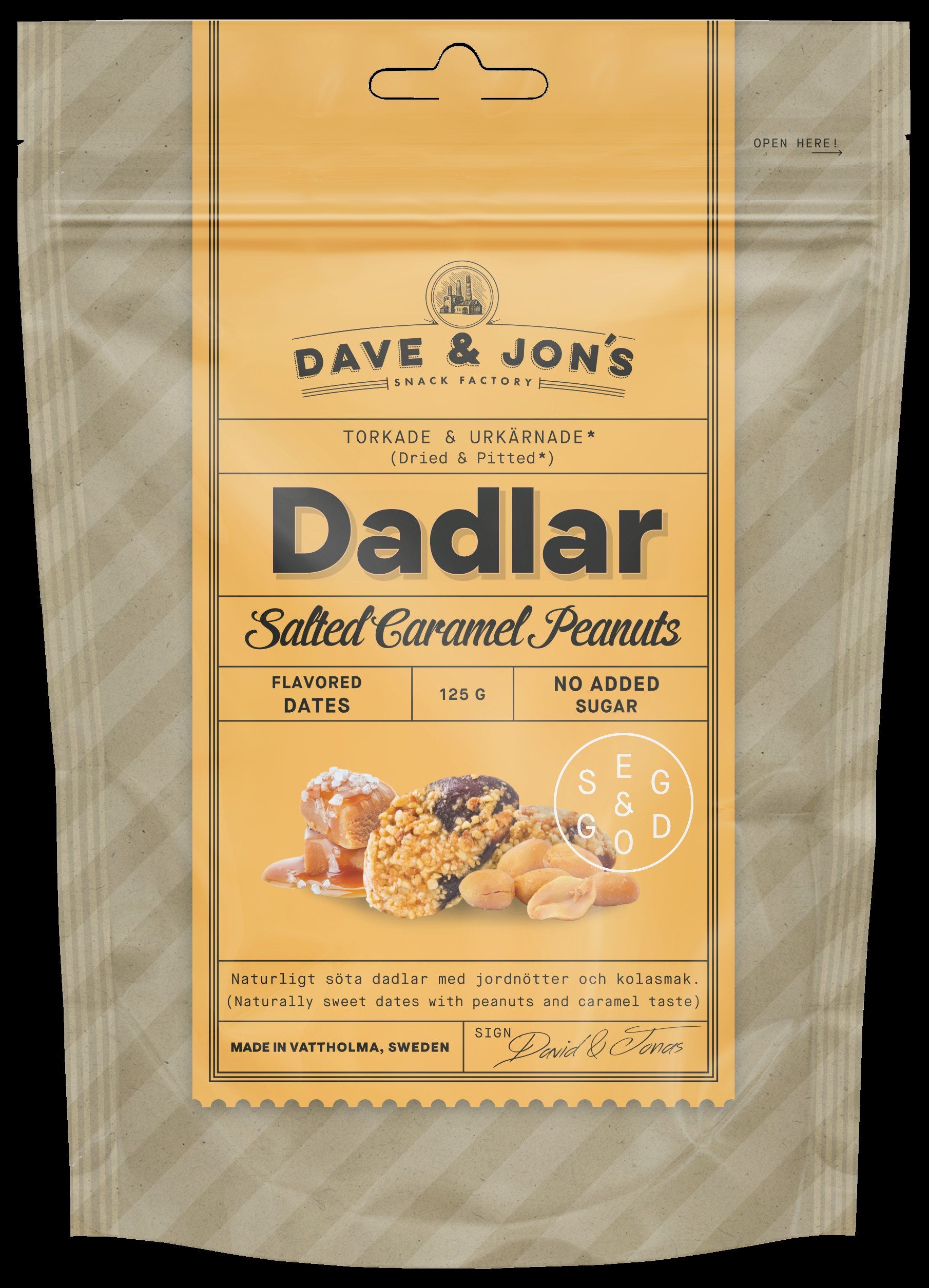 Dave & Jon's Kivettömiä, Karamellin ja Maapähkinän makuisia Taateleita 125g