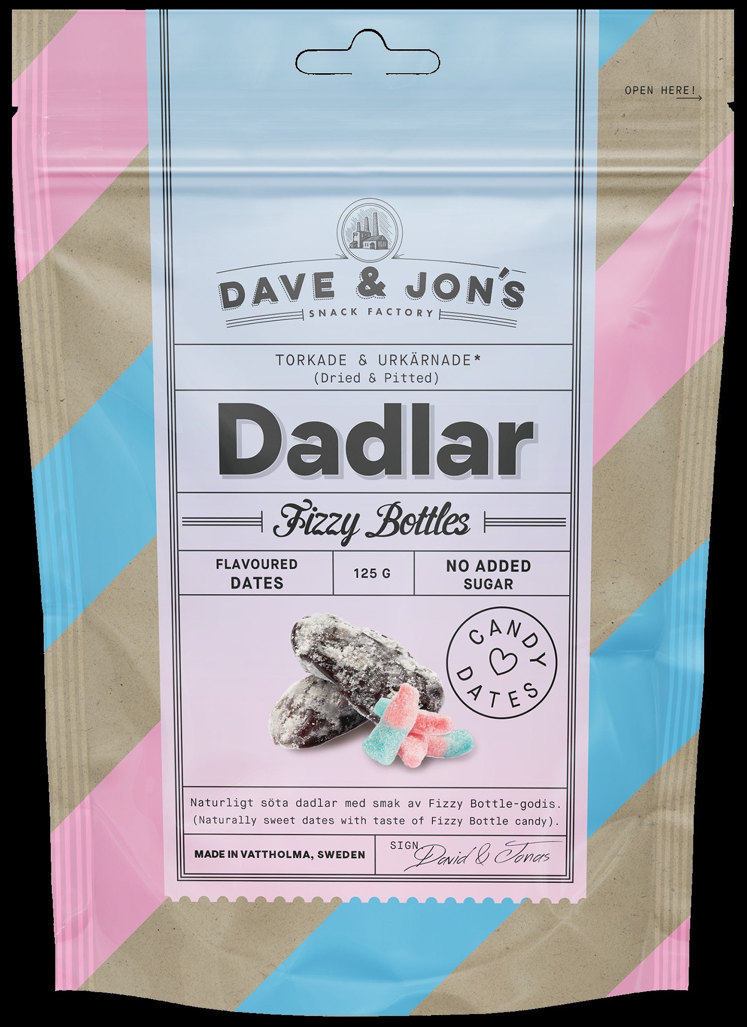 Dave & Jon's Fizzy Bottle-karamellien makuisia Kivettömiä Taateleita 125g