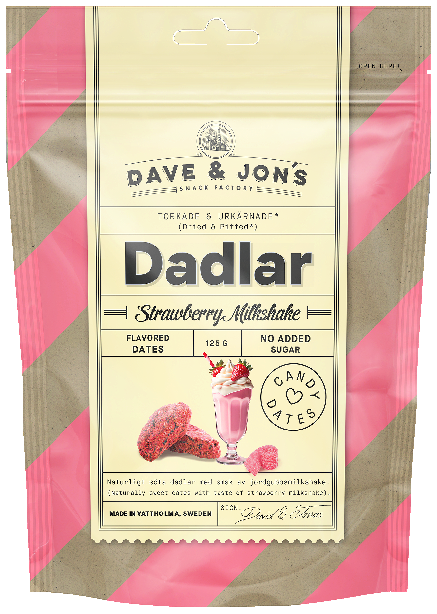 Dave & Jon's Kivettömiä, Mansikka pirtelön makuisia Taateleita 125g