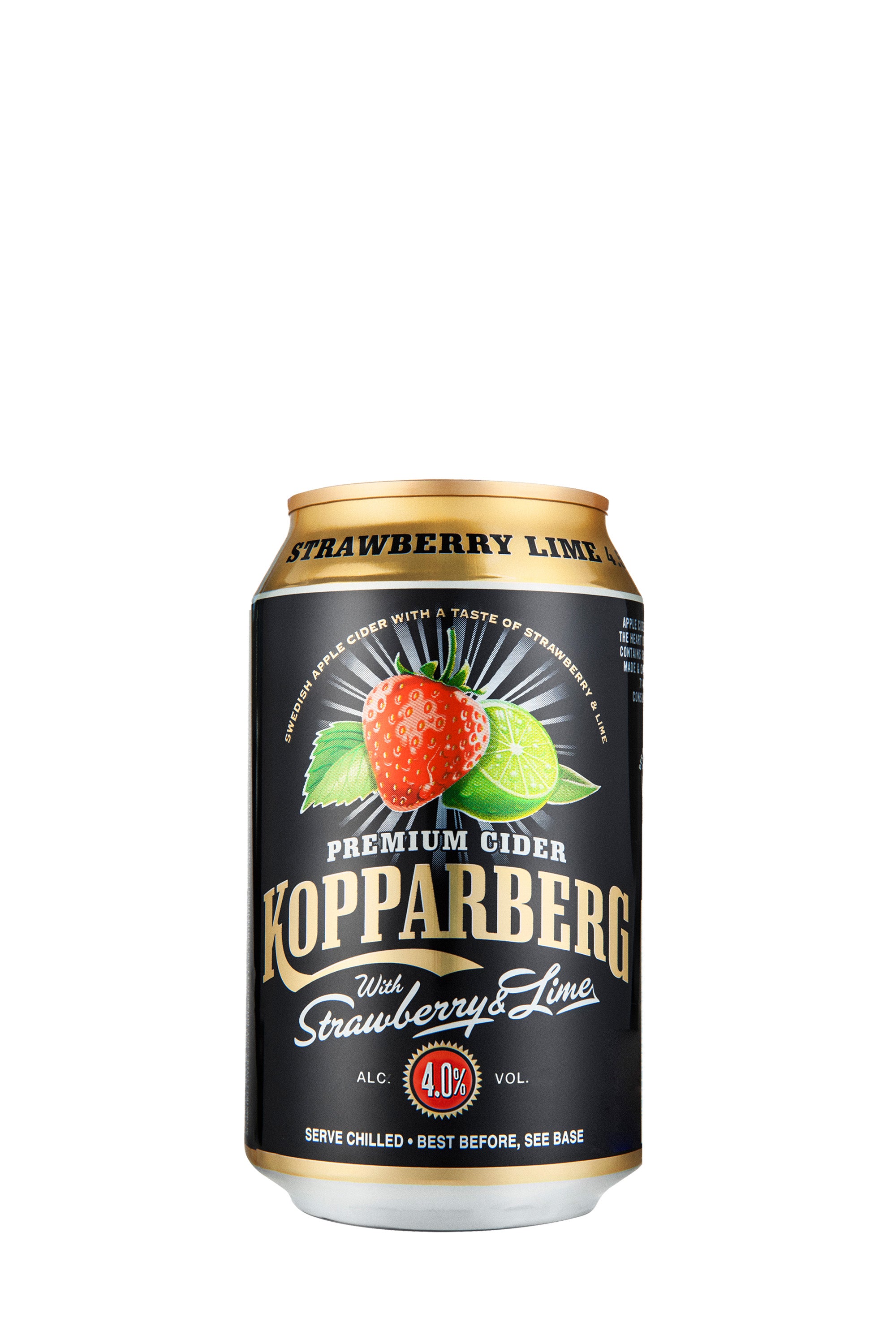 Cidre Premium Kopparberg à la Fraise &amp; Citron Vert 4,0%, Mansikan ja limen makuinen omenasiideri tölkki 33cl