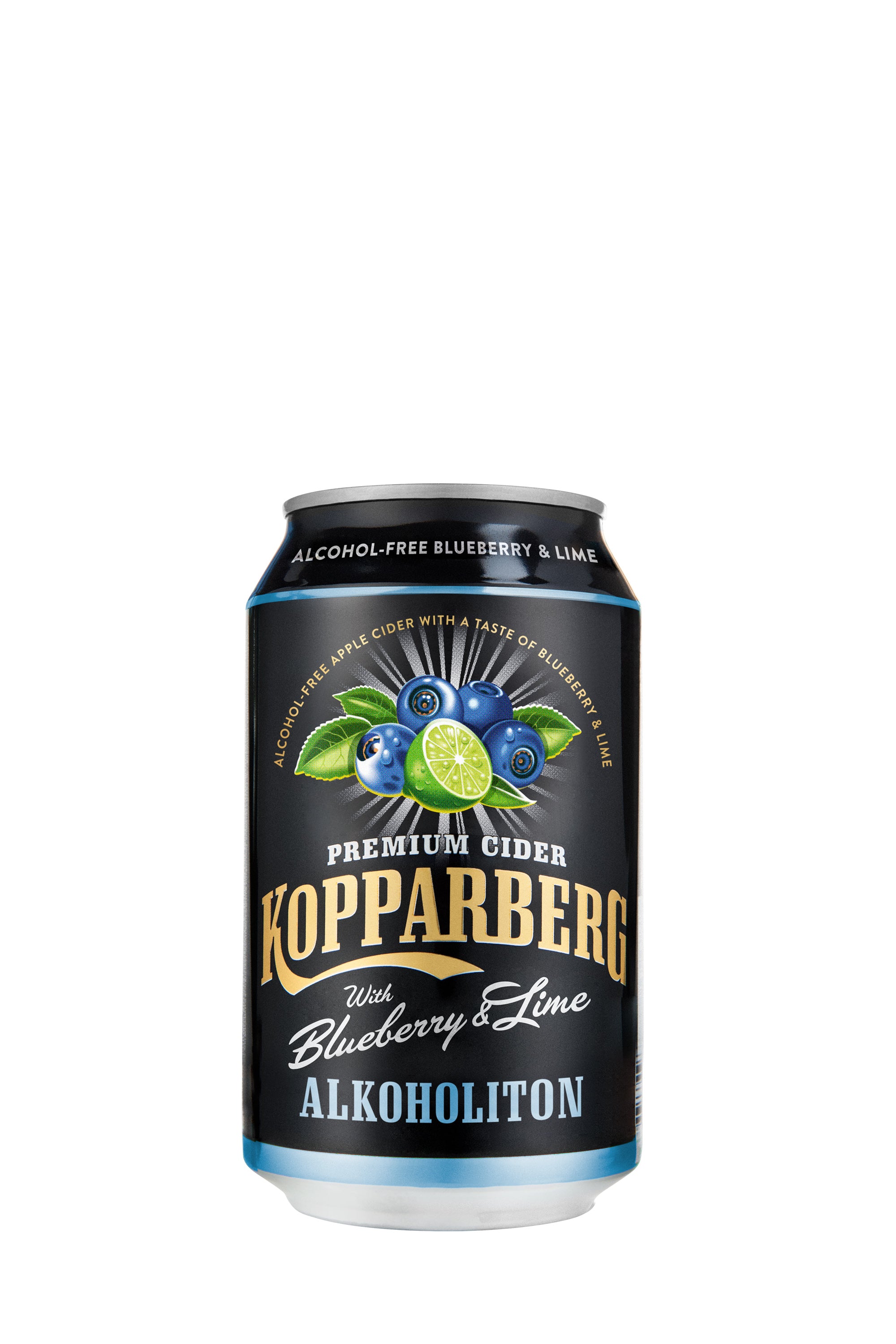 Premium Cider Kopparberg with Blueberry & Lime 0%, Mustikan ja Limen makuinen alkoholiton omenasiideri tölkki 33cl