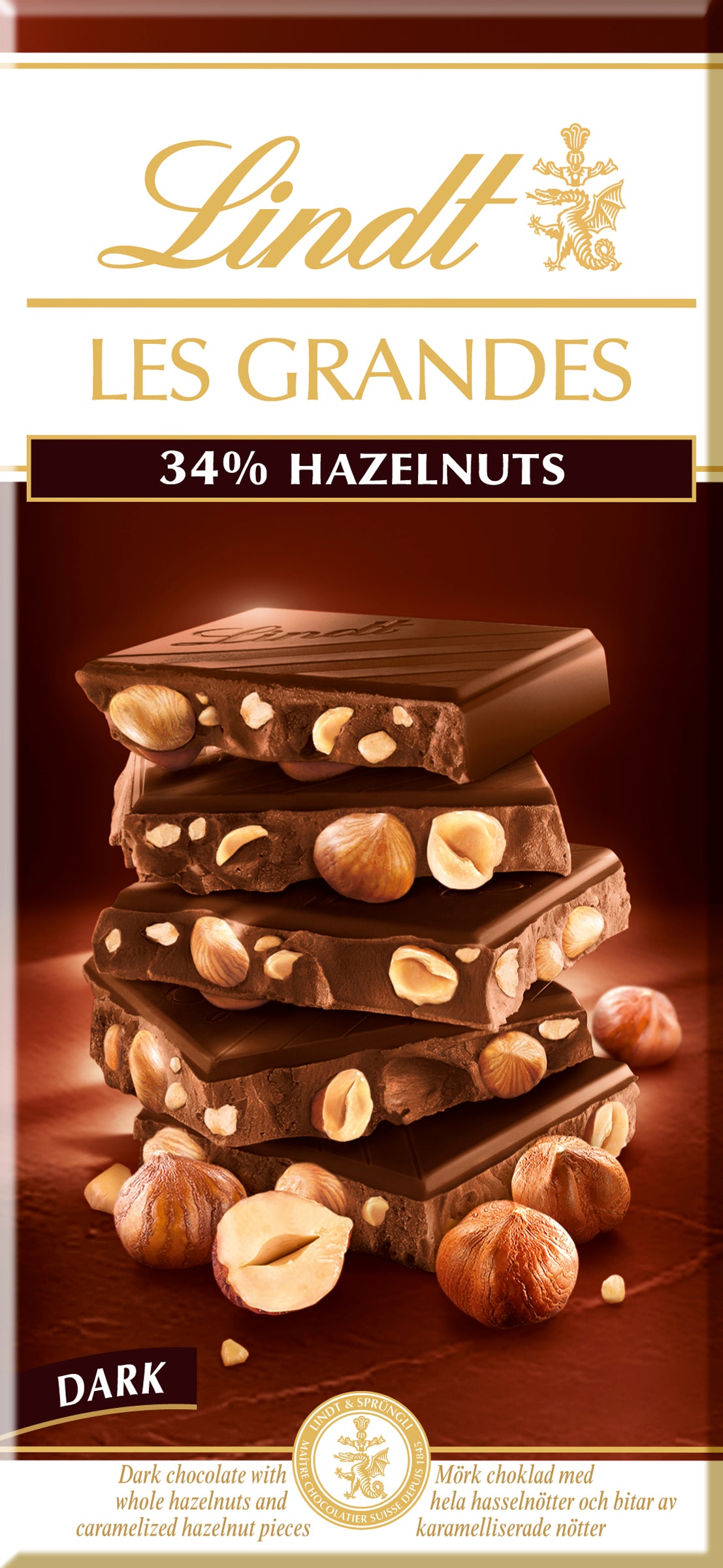 Lindt Les Grandes 34% Hasselpähkinä tummasuklaalevy 150g