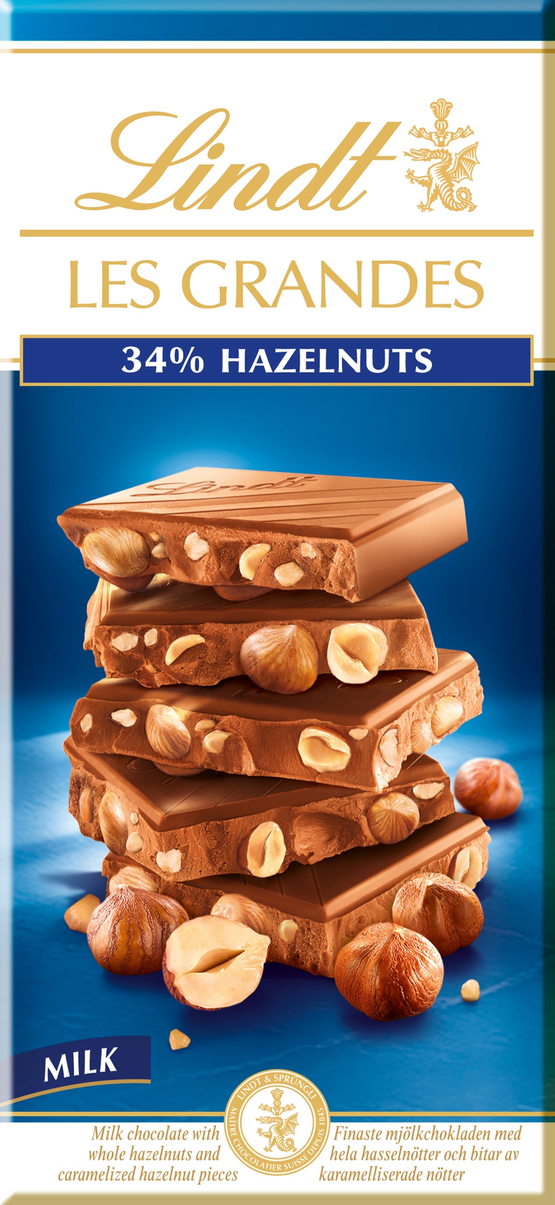 Lindt Les Grandes 34% Hasselpähkinä maitosuklaalevy 150g