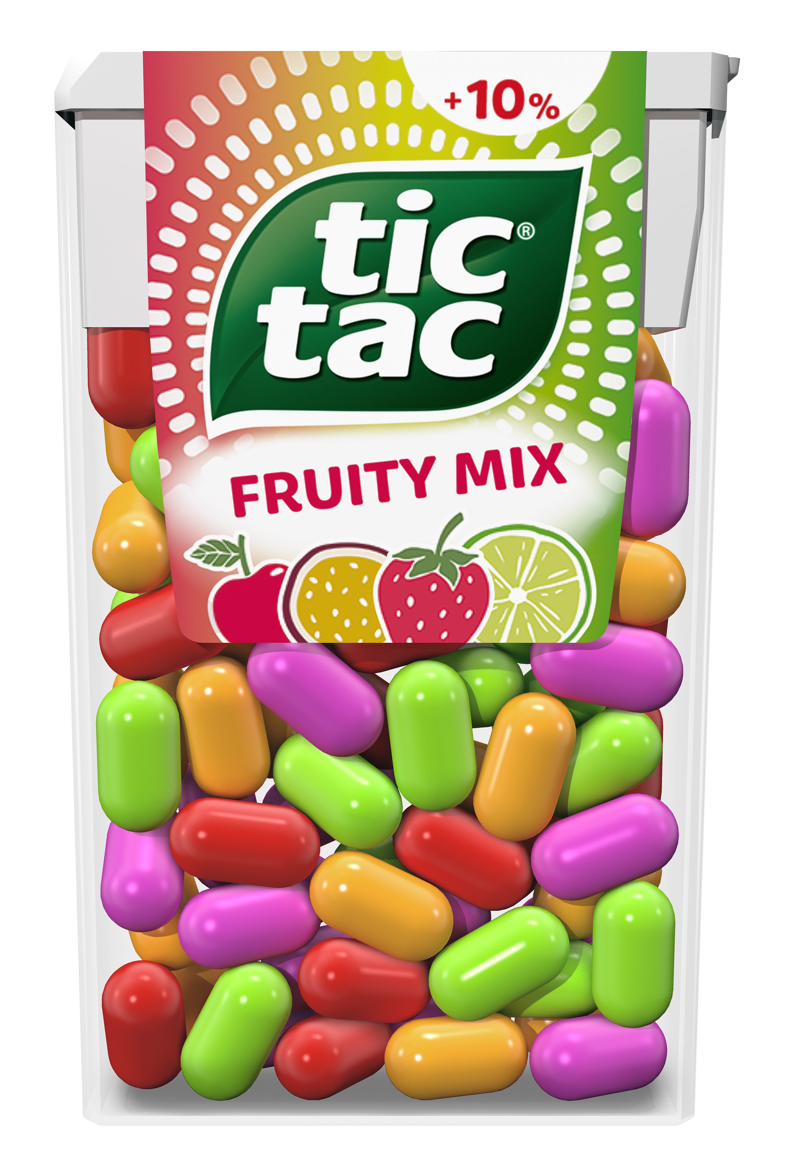 Tic Tac 54g hedelmänmakuisia pastilleja makuina kirsikka, passionhedelmä, sitruuna-lime, mansikka-minttu.