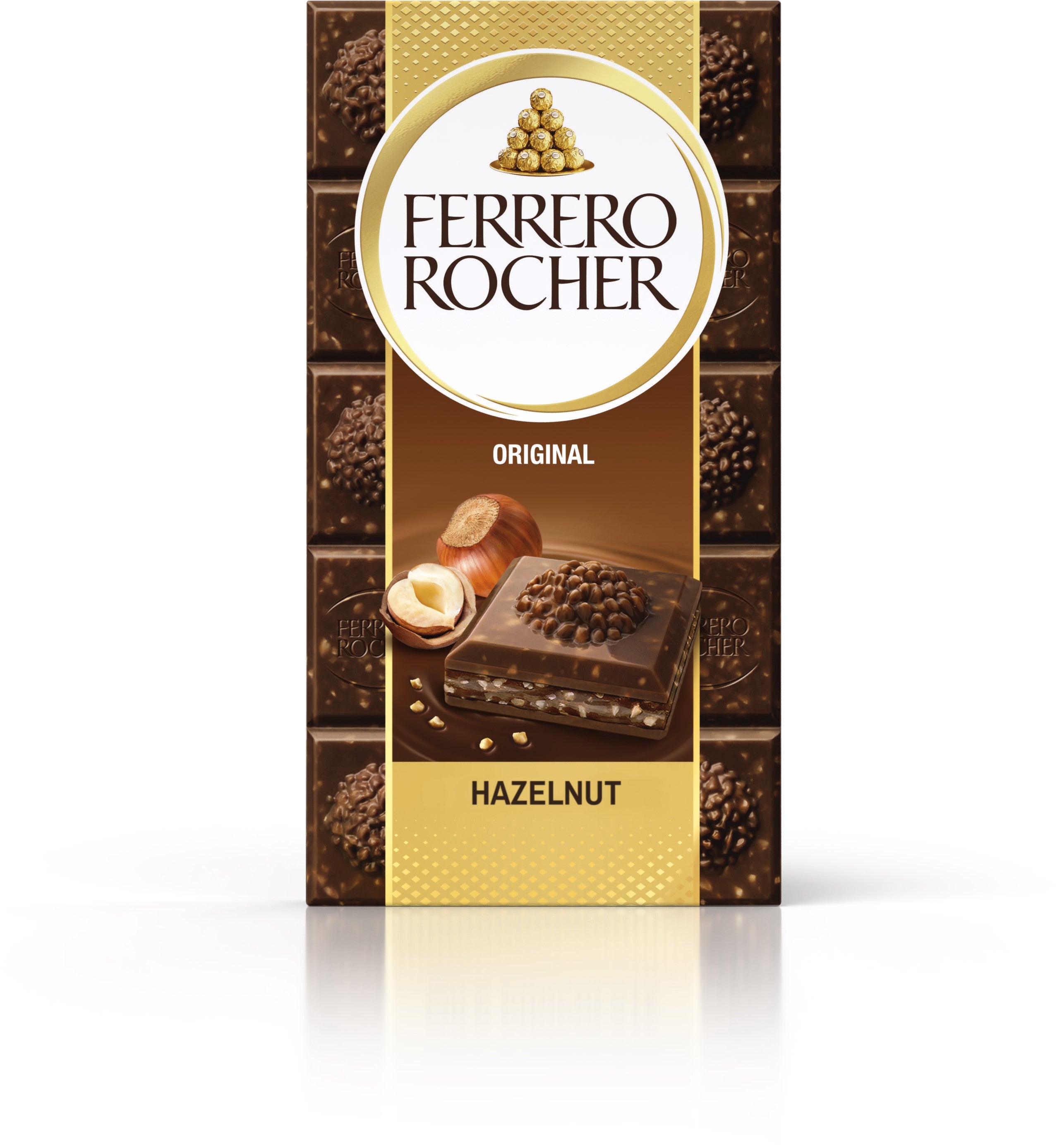 Ferrero Rocher Original -maitosuklaalevy 90g. Täytettyä maitosuklaata (60%) hasselpähkinätäytteellä (37%) ja hasselpähkinän paloilla.