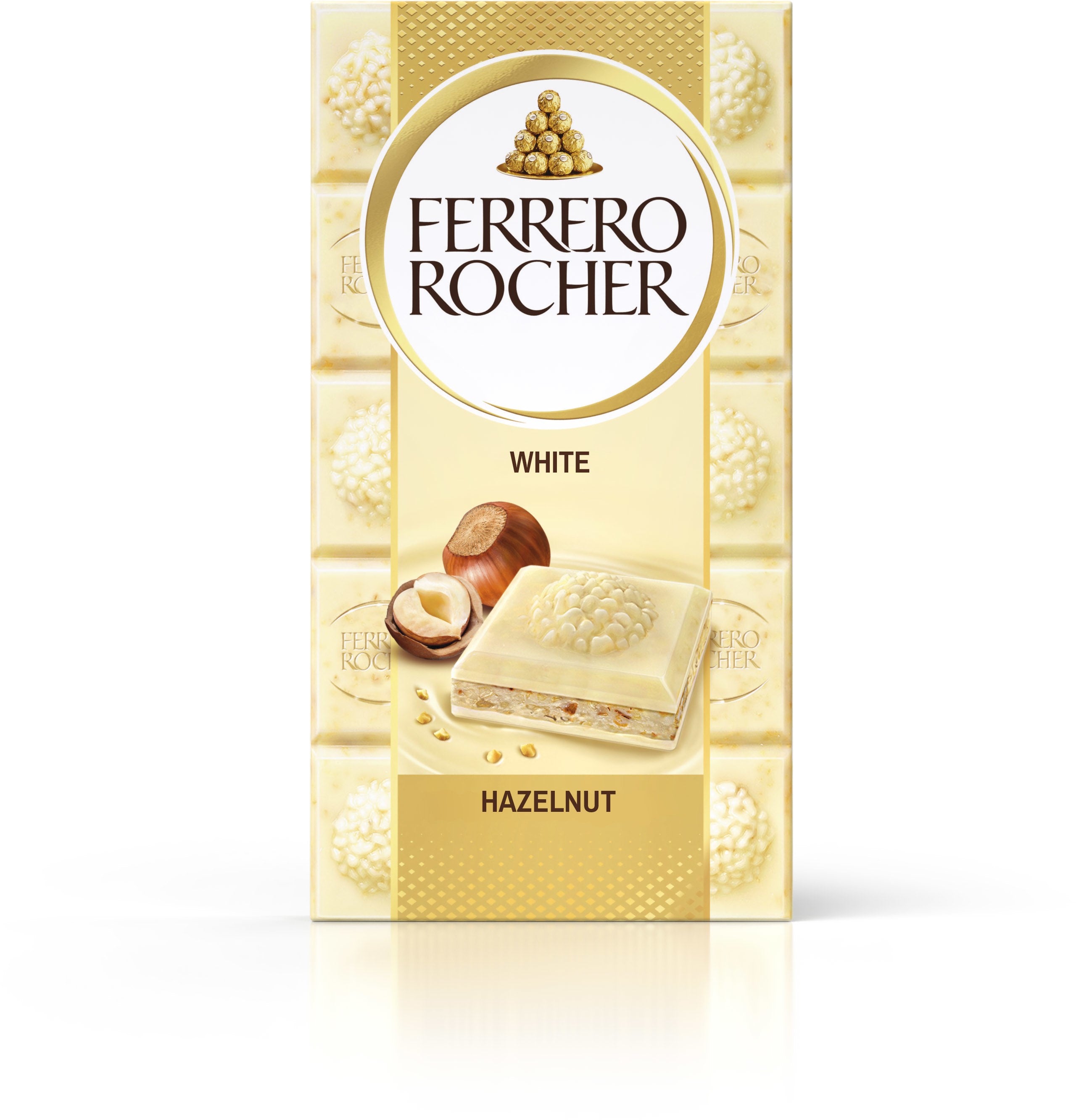 Ferrero Rocher White -valkosuklaalevy 90g. Täytettyä valkosuklaata (60%) hasselpähkinätäytteellä (37%) ja hasselpähkinän paloilla.