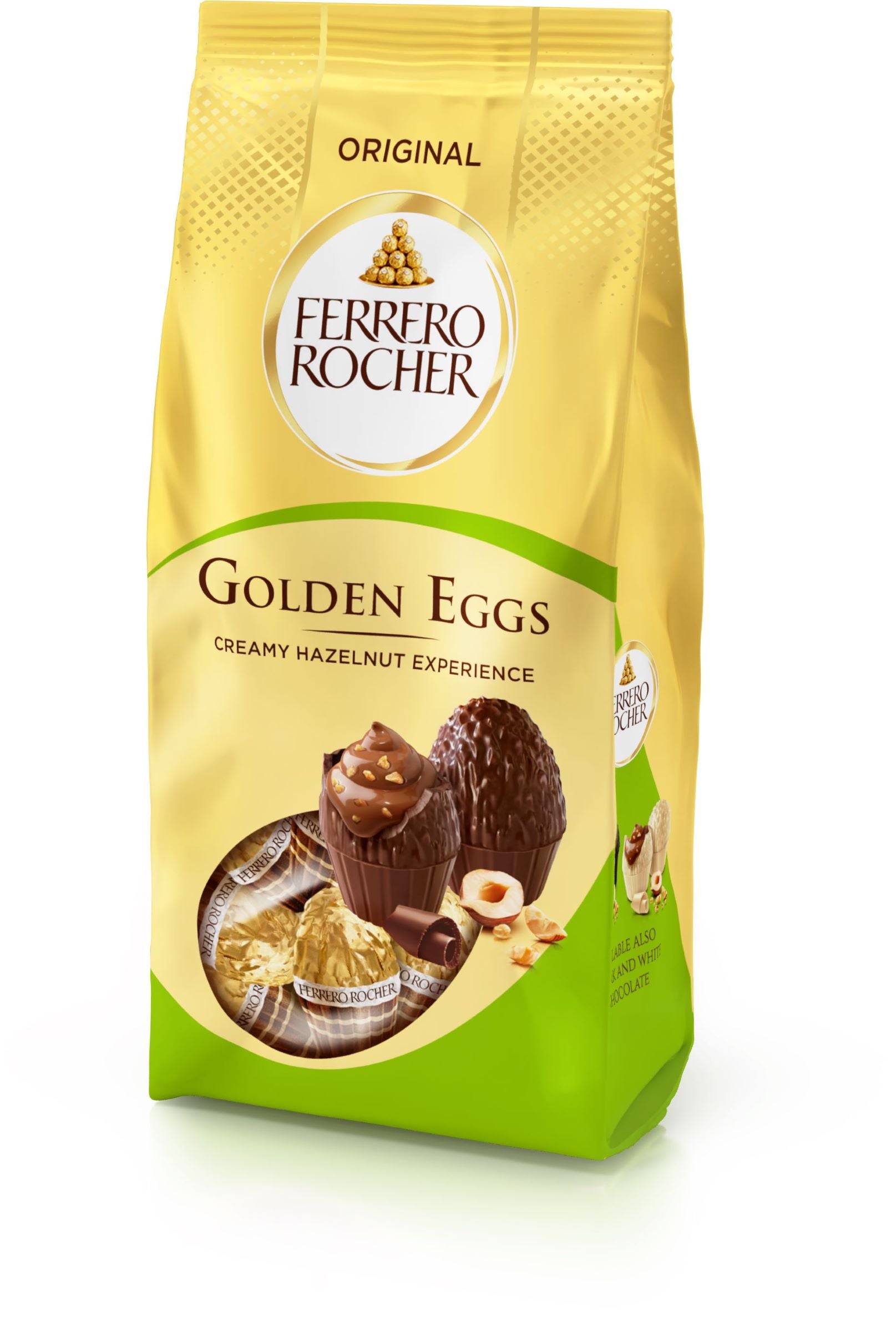 Ferrero Rocher Golden-suklaatäytemunia 90g. Maitosuklaata hasselpähkinä-kaakaotäytteellä (36,5 %), jossa hasselpähkinä- ja vehnärouhetta.