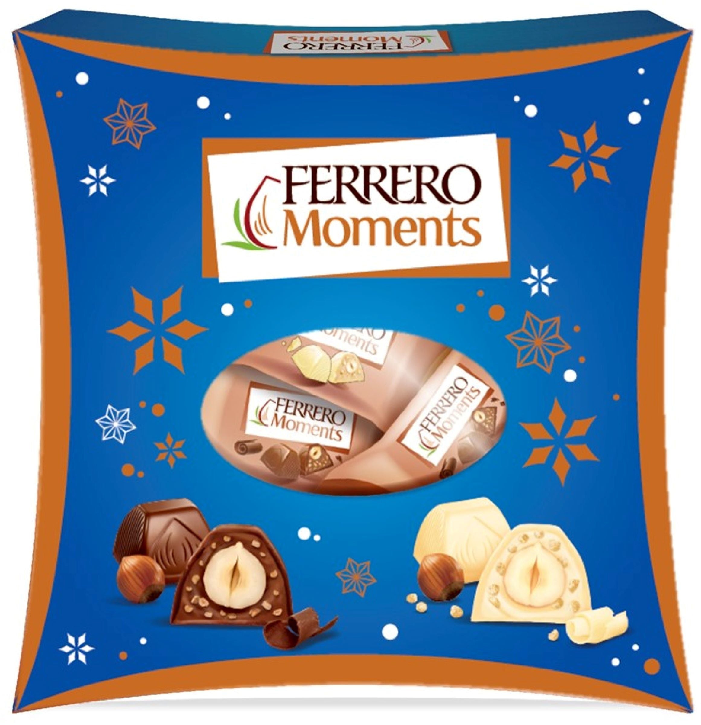 Ferrero Moments Maitosuklaa- ja suklaakonvehteja, joissa on sisällä kokonainen hasselpähkinä. Valkosuklaakonvehteja – sisällä kokonainen hasselpähkinä ja riisimuroja (5%).