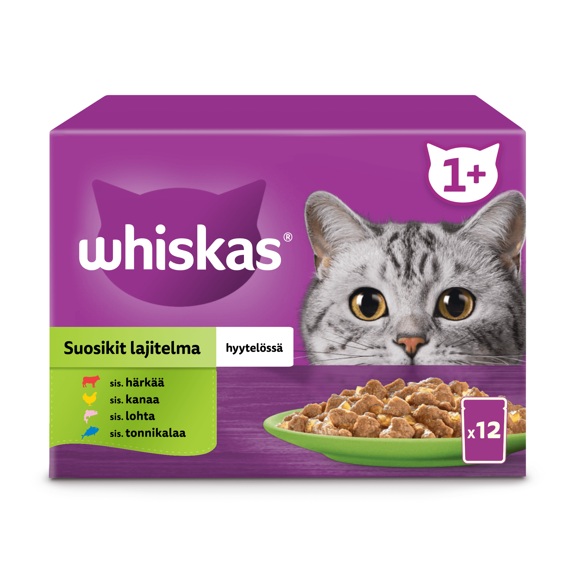 Whiskas 1+ Suosikit Lajitelma hyytelössä (12 x 85 g)