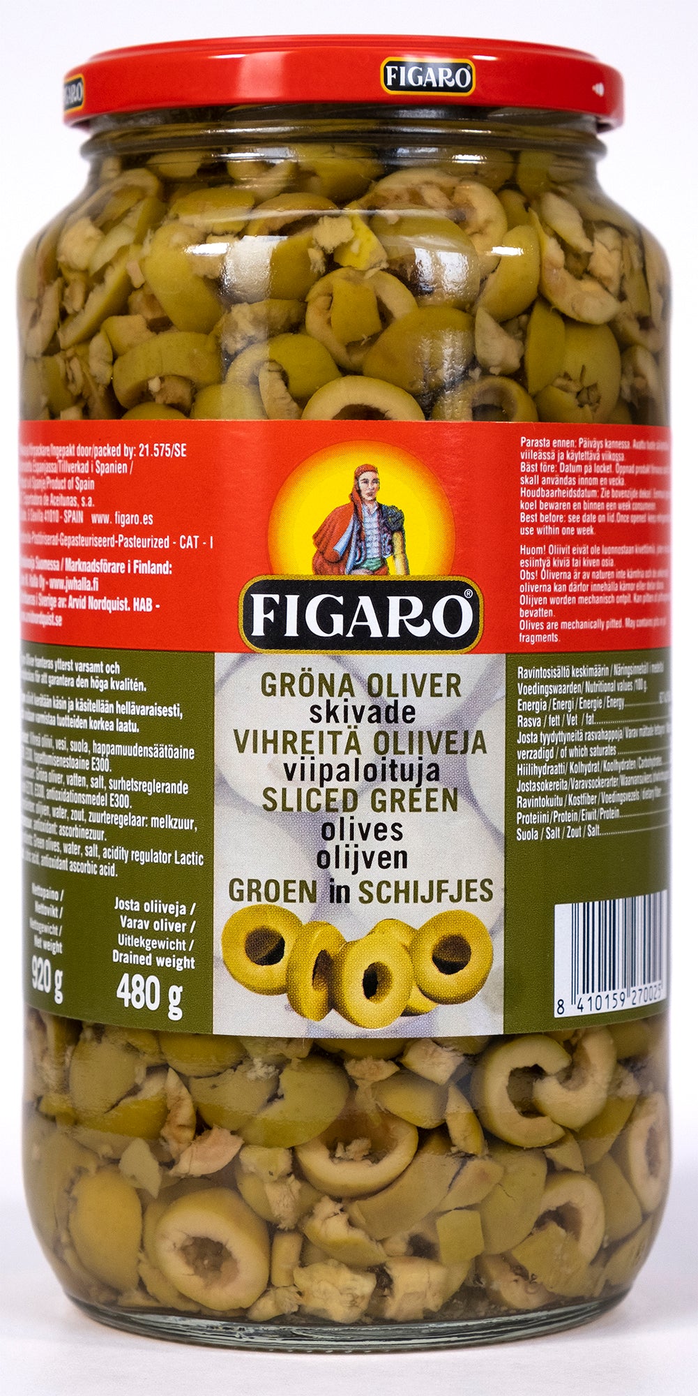 Figaro Vihreitä oliiveja viipaloituja 920g/480g