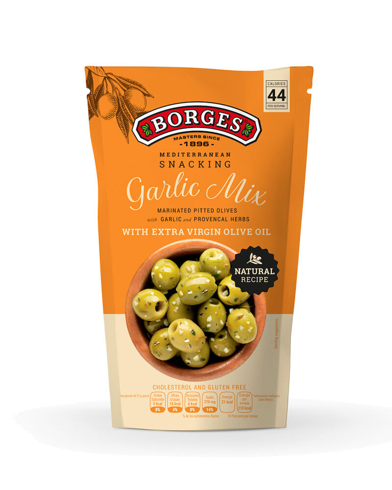 350/150g Borges Garlic Mix kivettömiä vihreitä oliiveja ja valkosipulia extra-neitsytoliiviöljyssä