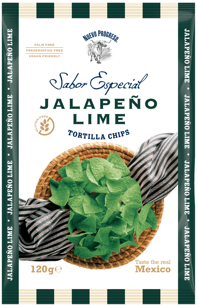 Nuevo Progreso Sabor Especial Jalapeño Lime Tortilla Chips jalapenon- ja limetinmakuiset maissilastut 120g pussi
