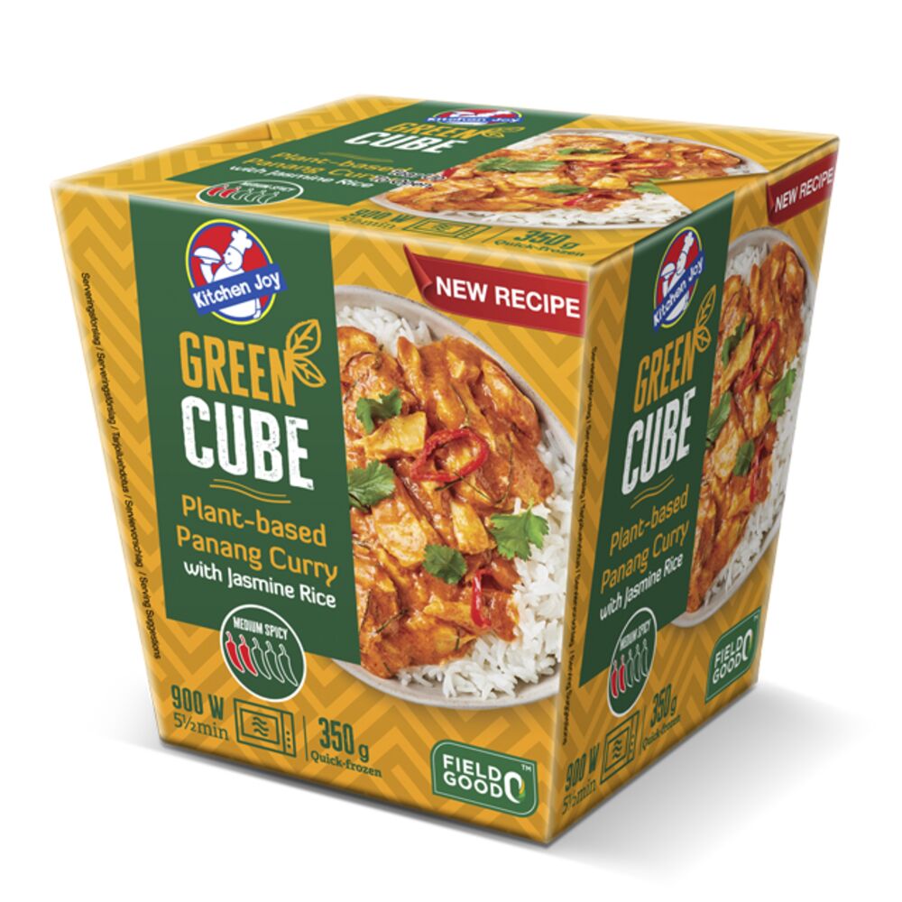 Kitchen Joy Green-Cube Kasvispohjainen Panang Curry, soijaproteiinia ja jasmiiniriisiä, pakasteateria 350g