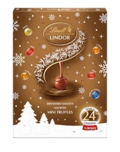 Lindt LINDOR suklaakalenteri valikoima maito-, tumma ja valkosuklaata pehmeällä täytteellä 117g